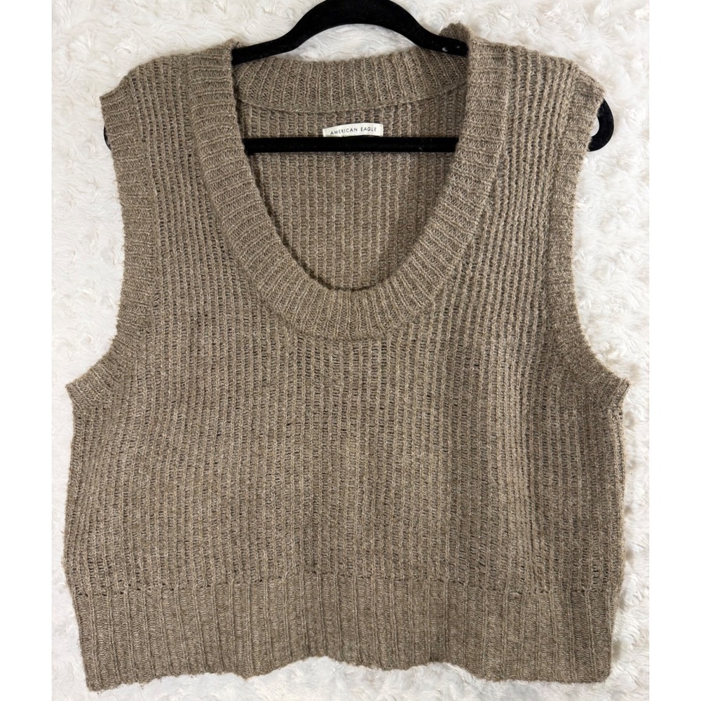 American Eagle Women Medium Brown Ribbed Knit Scoop Neck Sweater Vest